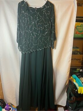 J Kara Dark Green Beaded Long-Sleeve Evening Gown